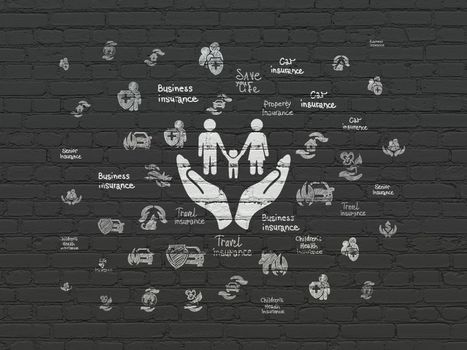 Insurance concept: Painted white Family And Palm icon on Black Brick wall background with  Hand Drawn Insurance Icons