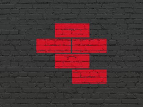 Constructing concept: Painted red Bricks icon on Black Brick wall background