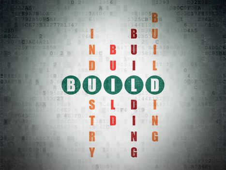 Constructing concept: Painted green word Build in solving Crossword Puzzle on Digital Data Paper background