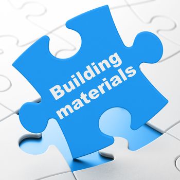 Constructing concept: Building Materials on Blue puzzle pieces background, 3D rendering