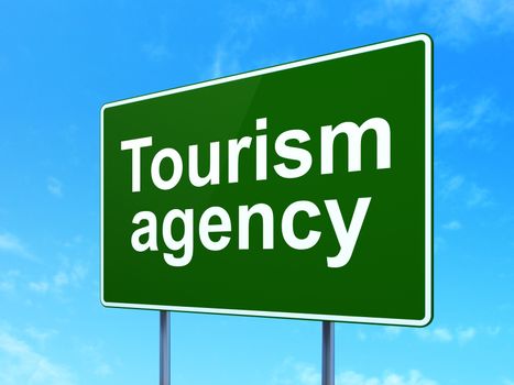 Tourism concept: Tourism Agency on green road highway sign, clear blue sky background, 3D rendering