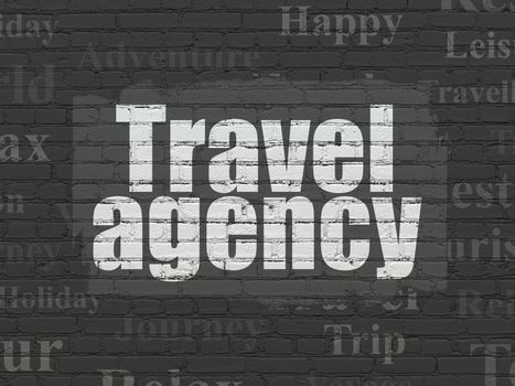 Vacation concept: Painted white text Travel Agency on Black Brick wall background with  Tag Cloud
