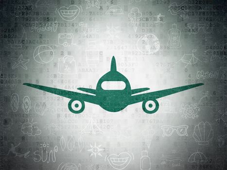 Travel concept: Painted green Aircraft icon on Digital Data Paper background with  Hand Drawn Vacation Icons