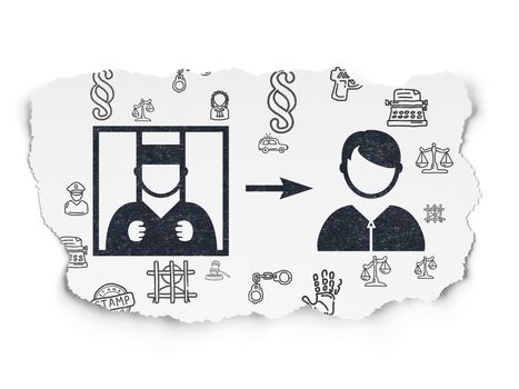Law concept: Painted black Criminal Freed icon on Torn Paper background with  Hand Drawn Law Icons