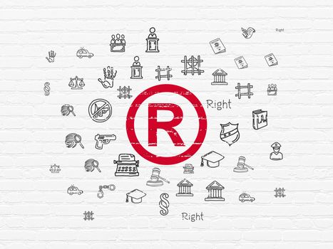 Law concept: Painted red Registered icon on White Brick wall background with  Hand Drawn Law Icons