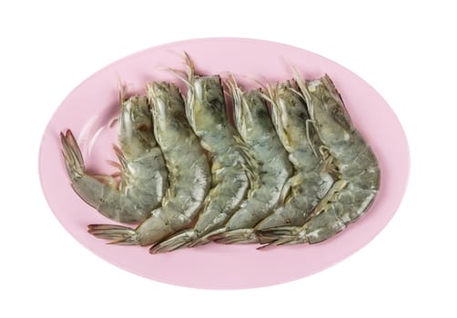 top view raw prawn on plate isolated on white background