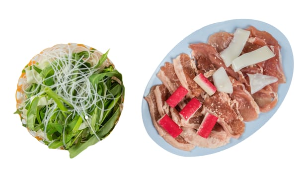 top view raw pork on plate  and vegetable in basket isolated on white background