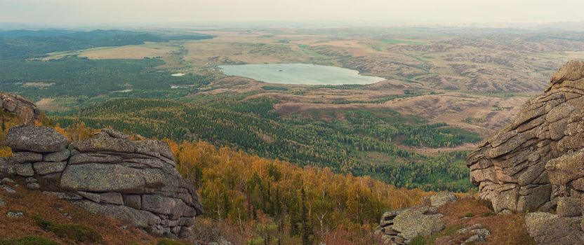 View from Sinyukha mountain, the highest mountain of Kolyvan ridge, in the Altai Territory of Russia