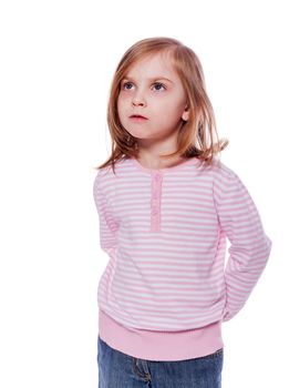 Serious five years girl looking up isolated