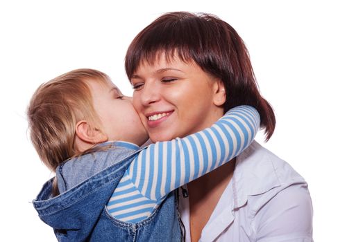 daughter laughing with Mother face to face isolated on white