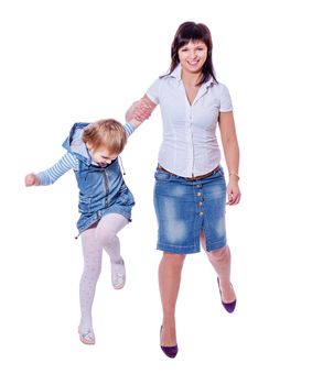 Mother and daughter smiling walking together isolated