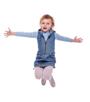 portrait of cheerful  Little Girl jumping isolated on white