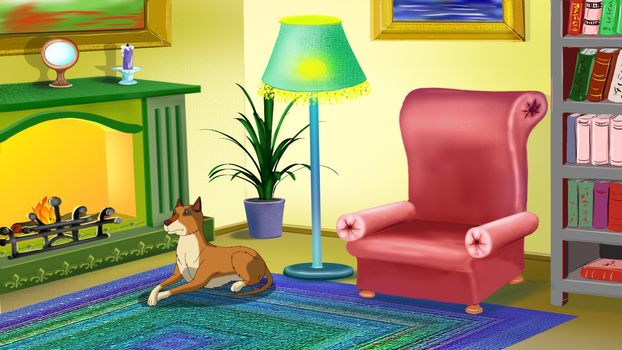 Big yellow dog lies near a chimney and waits for the owner. Digital painting  cartoon style full color illustration.