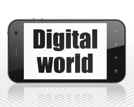Information concept: Smartphone with black text Digital World on display, 3D rendering