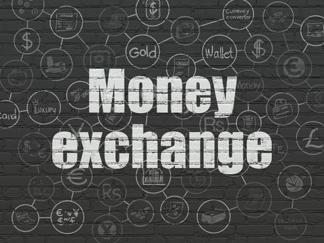 Currency concept: Painted white text Money Exchange on Black Brick wall background with Scheme Of Hand Drawn Finance Icons