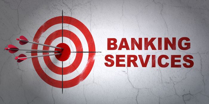 Success money concept: arrows hitting the center of target, Red Banking Services on wall background, 3D rendering