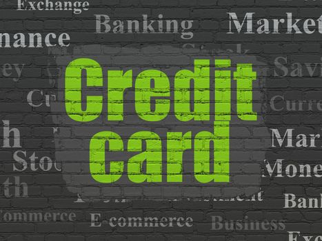 Banking concept: Painted green text Credit Card on Black Brick wall background with  Tag Cloud