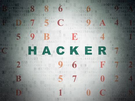 Protection concept: Painted green text Hacker on Digital Data Paper background with Hexadecimal Code