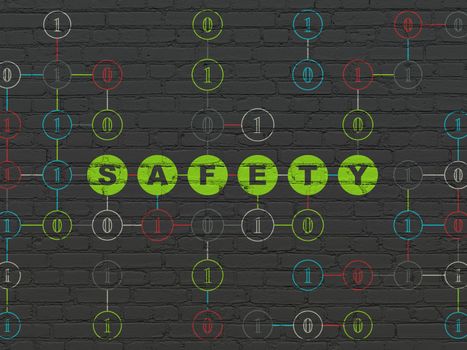 Protection concept: Painted green text Safety on Black Brick wall background with Binary Code