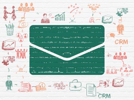 Business concept: Painted green Email icon on White Brick wall background with Scheme Of Hand Drawn Business Icons