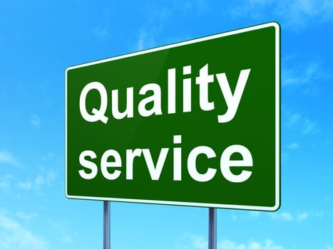 Finance concept: Quality Service on green road highway sign, clear blue sky background, 3D rendering