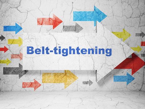Business concept:  arrow with Belt-tightening on grunge textured concrete wall background, 3D rendering