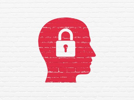Business concept: Painted red Head With Padlock icon on White Brick wall background