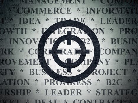 Finance concept: Painted black Target icon on Digital Data Paper background with  Tag Cloud