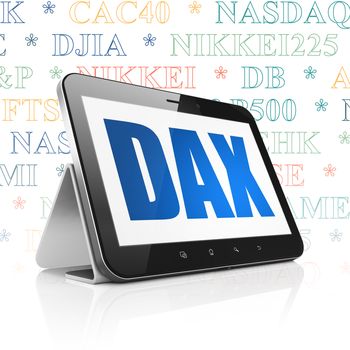 Stock market indexes concept: Tablet Computer with  blue text DAX on display,  Tag Cloud background, 3D rendering