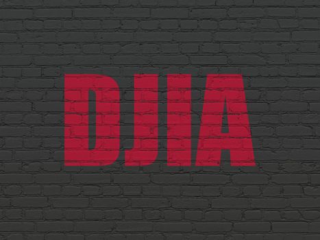 Stock market indexes concept: Painted red text DJIA on Black Brick wall background