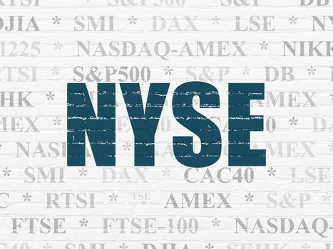 Stock market indexes concept: Painted blue text NYSE on White Brick wall background with  Tag Cloud