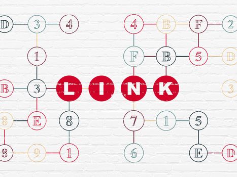 Web development concept: Painted red text Link on White Brick wall background with Hexadecimal Code