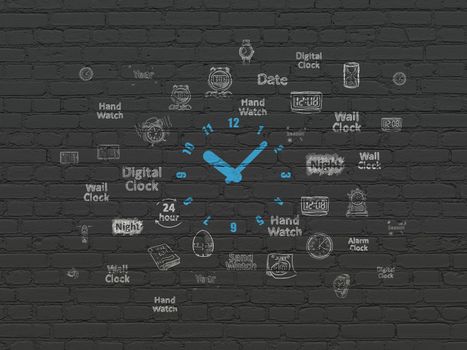 Timeline concept: Painted blue Clock icon on Black Brick wall background with  Hand Drawing Time Icons