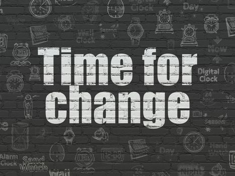 Timeline concept: Painted white text Time for Change on Black Brick wall background with  Hand Drawing Time Icons