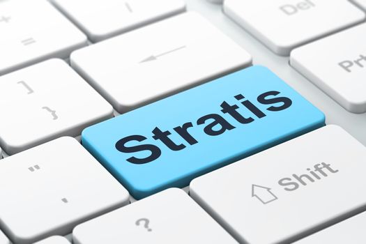 Blockchain concept: computer keyboard with word Stratis, selected focus on enter button background, 3D rendering