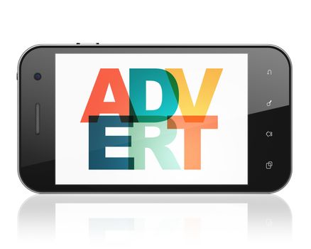 Marketing concept: Smartphone with Painted multicolor text Advert on display, 3D rendering