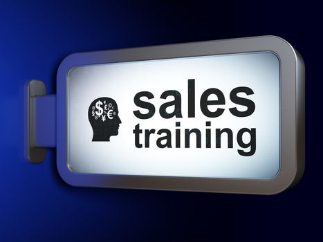 Marketing concept: Sales Training and Head With Finance Symbol on advertising billboard background, 3D rendering