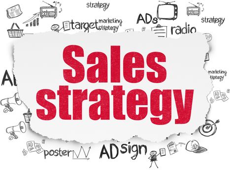 Advertising concept: Painted red text Sales Strategy on Torn Paper background with  Hand Drawn Marketing Icons