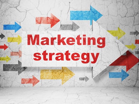 Advertising concept:  arrow with Marketing Strategy on grunge textured concrete wall background, 3D rendering