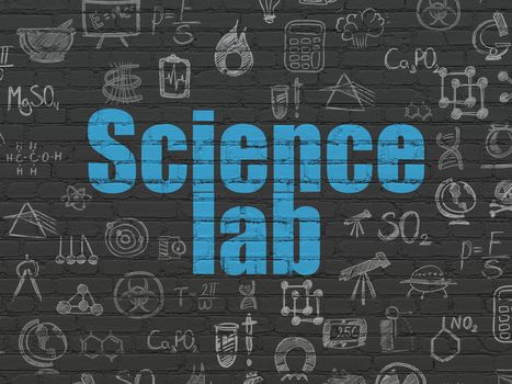 Science concept: Painted blue text Science Lab on Black Brick wall background with  Hand Drawn Science Icons