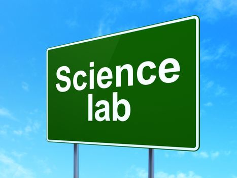 Science concept: Science Lab on green road highway sign, clear blue sky background, 3D rendering