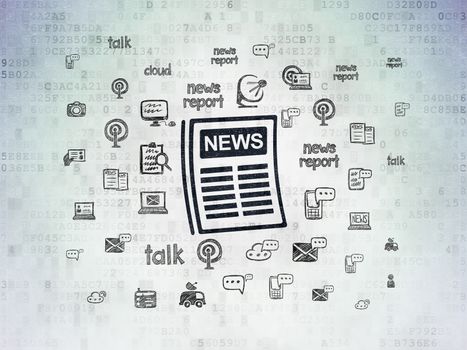 News concept: Painted black Newspaper icon on Digital Data Paper background with  Hand Drawn News Icons