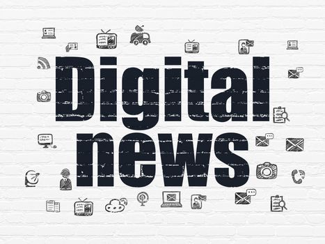 News concept: Painted black text Digital News on White Brick wall background with  Hand Drawn News Icons