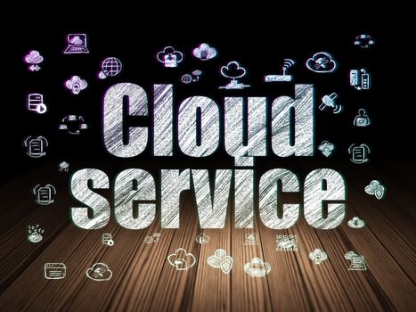 Cloud networking concept: Glowing text Cloud Service,  Hand Drawn Cloud Technology Icons in grunge dark room with Wooden Floor, black background