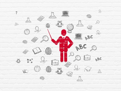 Studying concept: Painted red Teacher icon on White Brick wall background with  Hand Drawn Education Icons
