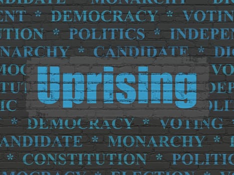 Political concept: Painted blue text Uprising on Black Brick wall background with  Tag Cloud