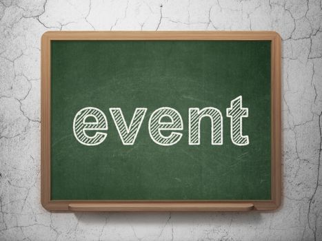 Entertainment, concept: text Event on Green chalkboard on grunge wall background, 3D rendering