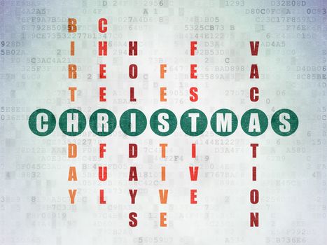Entertainment, concept: Painted green word Christmas in solving Crossword Puzzle on Digital Data Paper background