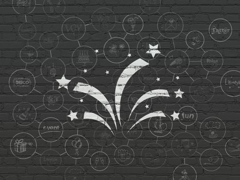 Holiday concept: Painted white Fireworks icon on Black Brick wall background with Scheme Of Hand Drawn Holiday Icons