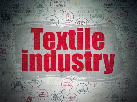 Manufacuring concept: Painted red text Textile Industry on Digital Data Paper background with  Scheme Of Hand Drawn Industry Icons